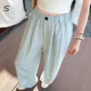 Calça pantalona de linho Tencel azul marinho para mulheres, totalmente bainha com um botão, 2026 verão cintura alta solta casual comprimento total