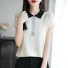 Top de Punto Waffle Color Block con Pedrería Venta al por Mayor 2025 Nuevo Tencel Lyocell Cuello Polo Manga Corta Mujer