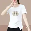 2026 Nuevo Modelo Camiseta de Manga Corta para Mujer de Comercio Exterior, Corte Holgado, Tallas Grandes, Adelgazante, Cubre Vientre, Top Estampado de Media Manga