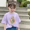 Camiseta de Algodão Puro de Manga Curta para Meninas, Estilo Ins de Verão, Corte Solto, Estampa de Desenho Animado Versátil, para Crianças Mais Velhas, Blusa Solta Tendência de Manga Curta
