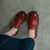 Mocassins de Couro Lavado para Mulheres, Salto Baixo, com Fivela, Sapatos de Couro Envelhecido, Novo Modelo de Primavera, Couro Genuíno, Bico Redondo, Sapatos de Ponto Único Estilo Vintage