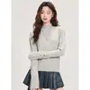 Camisa base de tricô cinza estilo coreano com gola alta meia para mulheres, suéter elegante de outono de alta qualidade, blusa interna modeladora