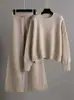 Suéter de Punto para Mujer Conjunto Casual de Dos Piezas Cuello Redondo Hombro Caído Manga Larga Jersey Pantalones Rectos de Pierna Ancha Suéter Holgado