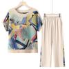 Ropa de verano para mujeres de mediana edad y mayores, traje de camiseta de manga corta para madres, traje de dos piezas estilo extranjero de verano para abuelas de 70 años, señoras mayores