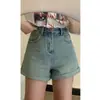 Shorts de mezclilla azul claro para mujer, de cintura alta, estilo de verano delgado, talla grande, para figuras petite y curvilíneas, adelgazantes, hot pants de línea A