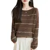 Suéter de seda a rayas de estilo suave y brillante para mujer, cuello redondo, holgado, ajustado, tejido de punto, versátil para primavera y otoño, se puede usar solo o como capa base