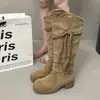 Botas de Cavaleiro Empilháveis Botas Longas Botas Femininas Plissadas Sola Grossa Botas Altas Retrô Emagrecedoras Altas até o Joelho Salto Grosso À Prova de Vento Deserto Franja