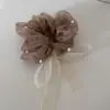 Goma para el pelo tipo scrunchie de malla etérea con perlas estilo coreano para mujer, accesorio para el pelo casual y elegante, simple y versátil