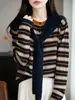 Suéter de Punto de Dos Piezas con Chal para Mujer, Nuevo Diseño Otoñal con Rayas, Elegante Chaqueta Suéter