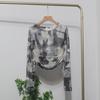Camiseta Slim Fit de Manga Longa com Gola Redonda, Estampa Tie-Dye, Cordão para Ajuste, Cadarço, Proteção Solar, Top Fino 8159