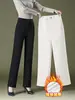 1019 Jeans Branco Reto de Inverno com Floco Calças para Mulheres de Meia-idade Skinny com Veludo Adicional Espessado Cintura Alta Solto