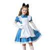 Fantasia de Performance Infantil Alice para Meninas de Halloween Avental Branco Adereço de Cabeça Azul Roupa de Empregada Vestido para Role-Playing