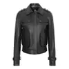 Jaqueta de Couro para Trabalho em Pele de Cordeiro Haining Feminina Lapela Curta Slim Fit Jaqueta de Motociclista Preta Casaco de Couro Genuíno Feminino para o Dia a Dia