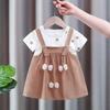 Vestido de Algodão Estilo Coreano de Verão para Bebês e Meninas, Estampado, Princesa, Manga Curta com Mangas Bufantes e Saia de Algodão em A