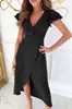 2025 Amazon AliExpress Nuevo Verano Viajero Color Sólido Cuello en V Cintura Manga Loto Vestido Irregular Mujer