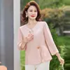 Verão 2026 Novo Estilo Chinês Estilo Nacional Gola V Manga Longa Camisa Feminina Meia-idade e Idosa Roupa de Mãe Top de Temperamento Nobre