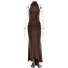 Estilo Europeo y Americano Transfronterizo 2025 Moda de Verano Sexy Fruncido Sin Mangas Falda Larga Nuevo Sexy Vestido con Cola de Cuello Alto