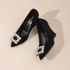 Sapatos Femininos de Salto Alto Baixo Tamanho Grande Elegantes com Fivela de Strass 2026 Novos Versáteis Bico Fino Salto Bloco Trabalho Sapato Único