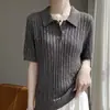 Camiseta Vintage Estilo Old Money com Recortes, Gola Polo, Manga Curta de Tencel Linho para Mulheres, Top Respirável de Textura para o Verão com Gola Lapela