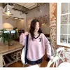 Sudadera con Estampado de Letras Americanas, Cuello en V, Manga Larga, para Mujer, Otoño, Gris, Empalme Único de Encaje, Top Casual Holgado
