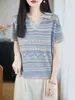 Nuevo Estilo Primavera y Verano 2026 Tejido de Punto Tencel Lino Cuello Solapa Manga Corta Corte Femenino Color Contrastante Camiseta Base Suelta