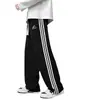 Calça atlética branca e cinza, calça longa respirável e casual para homens, estilo verão, design patchwork estilo americano com três listras, corte reto, adequada para adolescentes