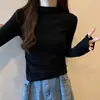 Camiseta de manga larga con cuello medio de terciopelo de hilo para otoño e invierno, prenda interior cálida ajustada para mujer