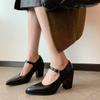 Zapatos de tacón alto y grueso de piel de vaca de 8 cm con hebilla de cuero puntiagudo de 2025 para mujer, talla 42 grande