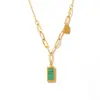 Collar de clavícula cuadrado pequeño a rayas verde malaquita estilo INS chapado en oro real de 18K nicho retro joyería de acero inoxidable