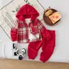 Traje con capucha de cuadros y retazos para niño de otoño, conjunto de dos piezas de ropa de trabajo con bolsillo para niño pequeño, ropa para niños al por mayor