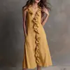 Novo Vestido Feminino de Verão 2026 Elegante Sem Mangas Cor Sólida Decote V Bainha Franzida Vestido Longo