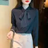 Camisa Elegante de Manga Larga con Lazo y Cinta para Mujer, Nuevo Estilo Otoño, Camisa Retro Elegante de Lunares, Elegante Top de Gasa