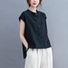 Camisa de Trabajo de Color Sólido Artístico de Verano para Mujer con Bolsillo, Cuello Alto, Sin Mangas, Holgada, Talla Grande, Camiseta de Algodón y Lino