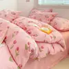 Conjunto de quatro peças 100% algodão puro Classe A para dormir sem roupa, estilo ins, fresco e fofo, algodão lavado, cartoon, conjunto de três peças para dormitório, conjunto de quatro peças estilo lençol com elástico