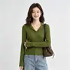 Nuevo suéter de punto elegante y a la moda de manga larga para mujer, corte ajustado, versátil, con cuello de solapa, suéter fino, top básico