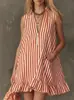En Stock 2026 Amazon Verano Nuevo Retro Cuello en V Bloque de Color Rayas Sin Mangas Volantes Mini Vestido