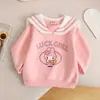 Sudadera con capucha y cuello azul marino para niña, manga larga, primavera, otoño, nueva, para bebé, con dibujos animados, dulce, informal, top, ropa de otoño para niños, capa base