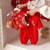 Macacão de Bebê Outono e Inverno, Macacão Quente Vermelho Festivo Estilo Chinês com Forro de Lã para a Primeira Festa de Aniversário do Bebê e Ano Novo