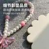 Espejo de maquillaje con colgante de girasol y cadena de perlas, espejo de retoque portátil, mini espejo de bolsillo, espejo pequeño floral femenino