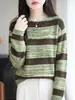 Outono/Inverno 2026 Novo Veludo de Arroz Glutinoso Gola Redonda Tricô Manga Longa Feminino Vazado Listras Color Block Camisa Básica Solta