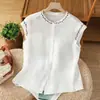 Camisa bordada de cor sólida com mangas tipo sino, artística e jovial, para mulheres, blusa de linho chique para o verão com gola redonda, top de algodão e linho