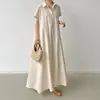 Vestido de algodón y lino de manga corta estilo coreano de Rakuten Japón para mujer, corte holgado, con cuello, vestido tipo camisa casual