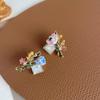 Novos Brincos Elegantes Elegantes Elegantes de Prata S925 com Flores de Esmalte Francesas Retrô Assimétricos para Mulheres B075