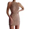 Vestido de Lantejoulas Transfronteiriço Europeu e Americano 2025 Nova Moda Decote Halter Sexy Franja de Cristal Cobre-Quadril Cintura Média Vestido de Noite