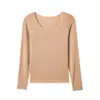 Camellia Escote en V Encaje Térmico Cálido Ropa Interior Adelgazante Sin Costuras Se Puede Usar Afuera Alta Elasticidad Cuello Redondo Conjunto Cálido Top de Manga Larga