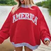 Sudadera de estilo europeo y americano para mujer, transfronteriza de Amazon, estampado de letras americanas, retazos de cuadros europeos y americanos, top casual de cuello redondo para mujer