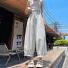 Foto Real de Calça Cropped com Barra Franzida de Menina Doce, Calça Lanterna Feminina de Seda Gelada de Secagem Rápida Modeladora com Renda, Calça Petite com Proteção Solar