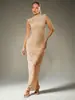 Vestido longo de malha sem mangas com gola alta, best-seller transfronteiriço europeu e americano, com detalhes de rosa flockado, design plissado transparente e um vestido maxi sexy para festa