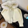 Casaco de Tricô com Capuz e Zíper Estilo Americano Preguiçoso Gola de Pele Feminino Outono e Inverno Senso de Design Solto Cardigan Versátil