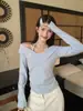 Top de punto coreano de un solo hombro tipo halter para mujer, Otoño/Invierno, Capa interior, Base, Ajustado, Ceñido a la cintura, Corto, Hombros descubiertos
